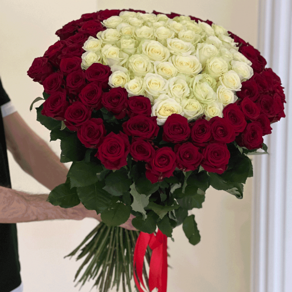 101 роза красная и в середине белая в Черноморском