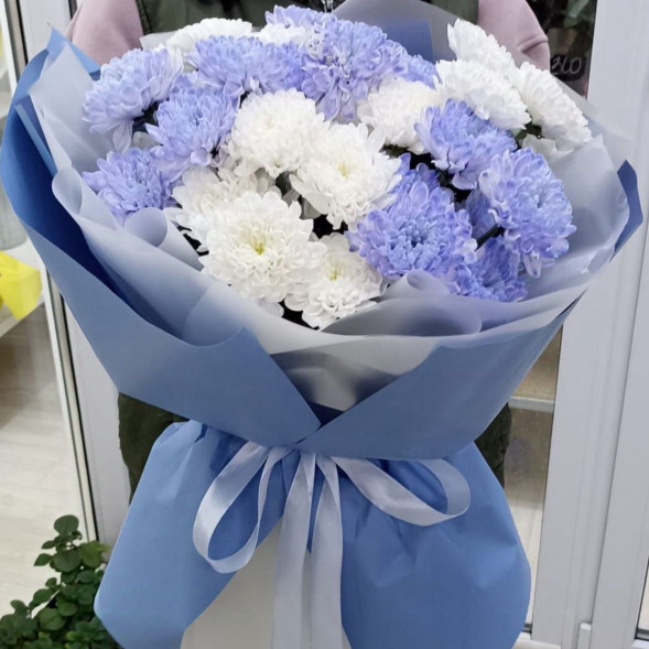 7 белых и голубых хризантем  в Черноморском