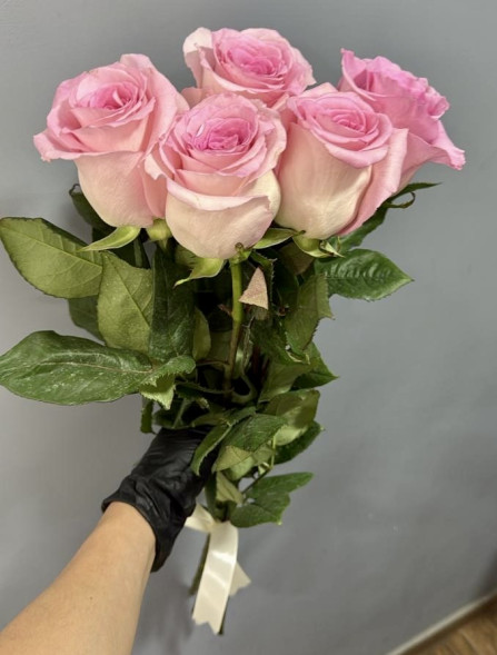 5 розовых роз, лента (Импортные) в Черноморском